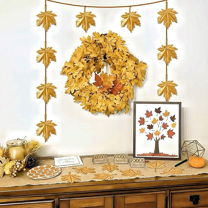 Shimeyao Fall Garland Maple Leaf Garland Decor 6 FT Brass Fall Decorations for Mantle Front Door Artificial Maple Leaf Banner Hanging Decor Cold Autumn Weather Outside Indoor Decorations