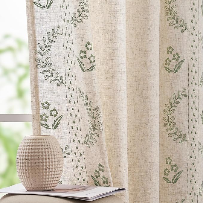 jinchan Belrose Linen Curtains for Bedroom Floral Curtains 96 Inch Length Linen Blend Sage Green Embroidered Drapes Farmhouse Flower Patterned Drapes for Living Room Window Treatments Set 2 Panels