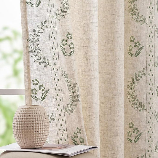 jinchan Belrose Linen Curtains for Bedroom Floral Curtains 108 Inch Length Linen Blend Sage Green Embroidered Drapes Farmhouse Flower Patterned Drapes for Living Room Window Treatments Set 2 Panels