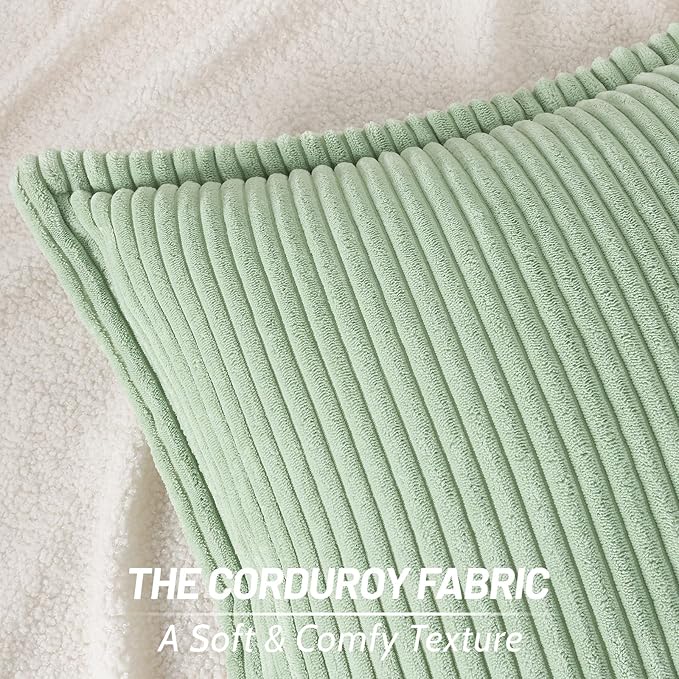 Mecatny Corduroy Throw Pillow Covers 26x26 Set of 2, Neutral Decorative Soft Boho Couch Pillow Covers with Broadside for Sofa Living Room, Sage Green