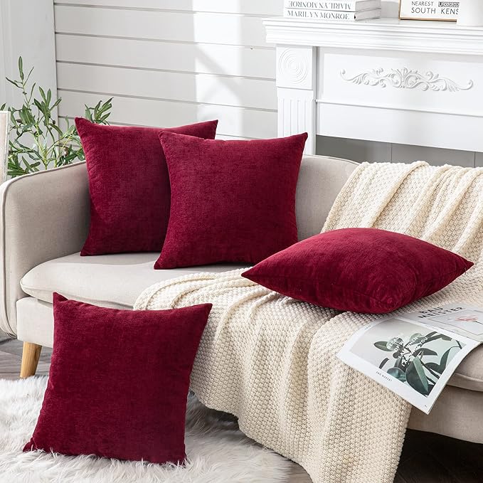 GAWAMAY Decorative Square Throw Pillow Covers 18"x18" Inch Set of 4, Super Soft Chenille Pillows Cover Fall Pillowcase for Living Room Bedroom Sofa Couch Cushion Cover Burgundy Red 45x45cm