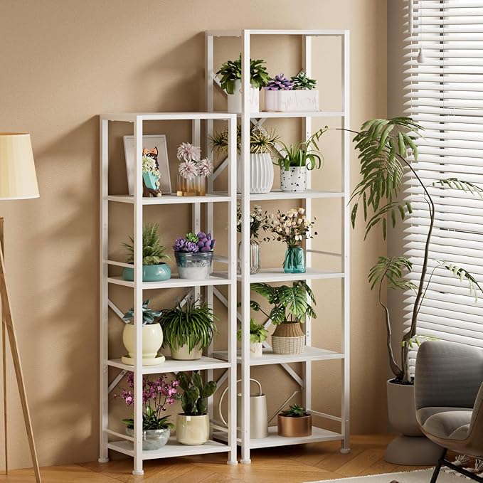 Furologee White Bookshelf 5 Tier Bookcase, Tall Narrow Bookshelves, Modern Freestanding Shelf Units, Metal and Wood Display Storage Corner Shelves Organizer for Bedroom, Living Room, Office, Bathroom
