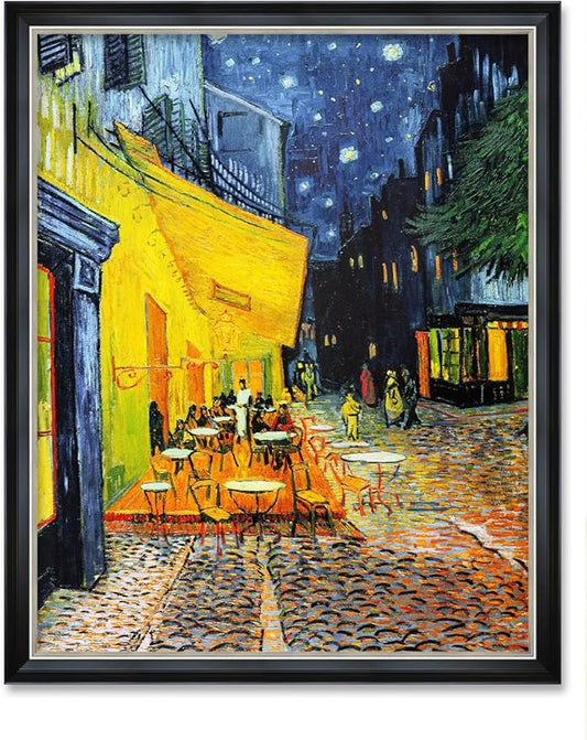 DECORARTS - Cafe Terrace At Night by Vincent Van Gogh Art Reproduction. Oversize Solid Wooden Frame Matching with Giclee Prints Canvas Wall Art. Total framed size: 43x35
