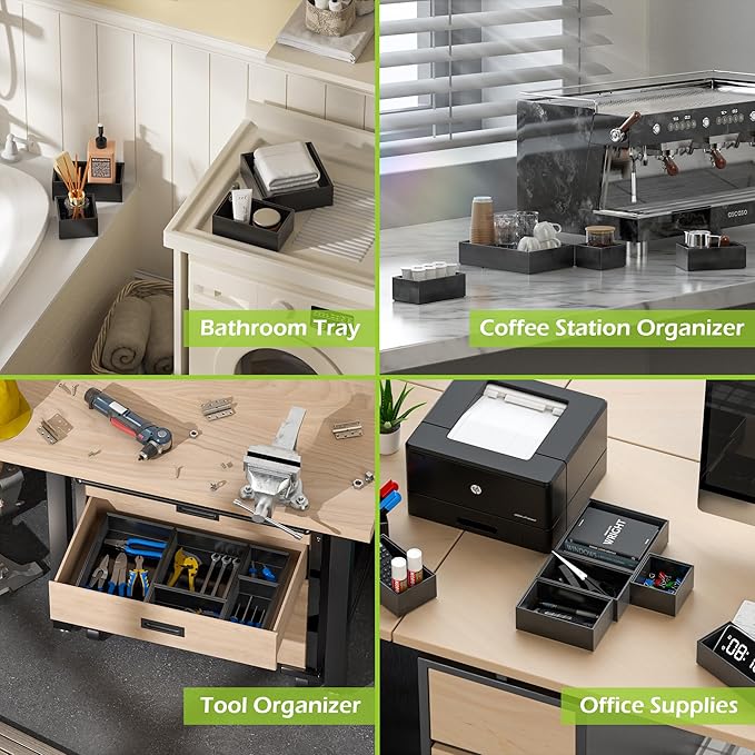 Bamboo Drawer Organizer Set, 5 PCS Multi-use Varied Sizes Junk Drawer Organizer Kitchen Storage Box for Office, Home, Bedroom, Bathroom, Black