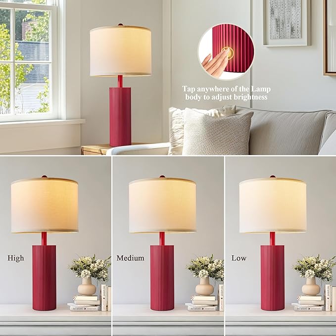 24.5" Red Touch Lamps Set of 2, Modern Living Room Table Lamps with USB C+A Ports, 2 Bulbs Included, Table Light Fixture for Nightstand, Creative Stripe Bedside Lighting