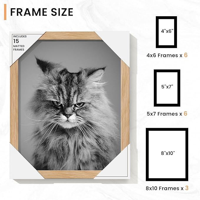 15 Pack Picture Frames Collage Wall Decor, Gallery Frame Set for Wall Mounting or Tabletop Display, Multi Sizes Including 3pcs 8x10, 6pcs 5x7, 6pcs 4x6, Oak