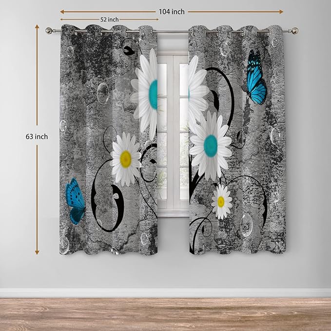 Jekeno Floral Blackout Curtains White Wild Chrysanthemum Flower Butterfly Home Bedroom Living Room Decor Plant Theme Darkening Grommet Window Drapes 2 Panel Set, 52"x63"