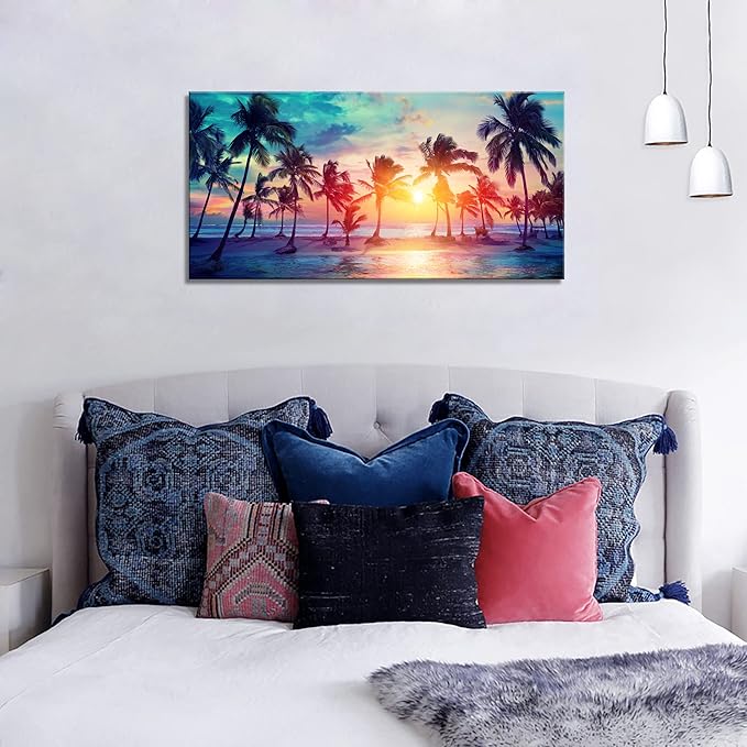 DZL Art S75575 Canvas Wall Art Palm Trees Silhouettes On Tropical Beach At Sunset Beach Seascape Painting Nature Pictures for Living Room Home Office Wall Decor Artwork