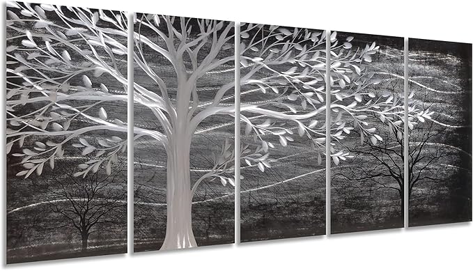 Yihui Arts Metal Tree Wall Decor Hand Grind On Aluminum Modern Abstract Nature Wall Art Contemporary Landscape Pictures for Living Room Bedroom Dinning