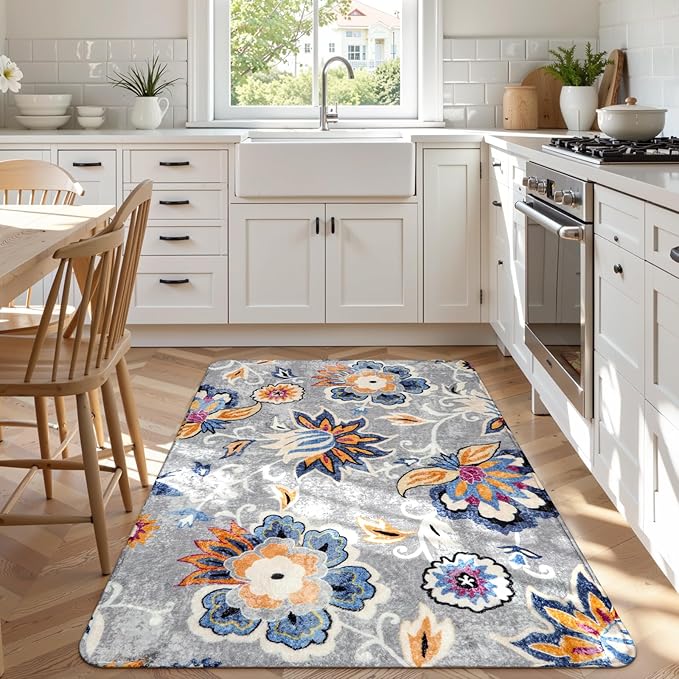 Lahome Floral Washable Carpet for Living Room - 3x5 Non-Slip Lightweight Kitchen Rugs, Throw Soft Small Area Rug for Bedroom Grey Paisley Print Aesthetic Rug for Entryway Bathroom Laundry Room Office