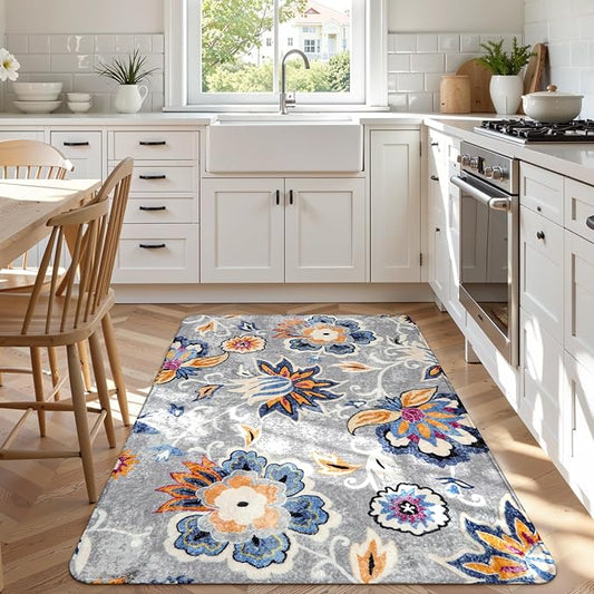 Lahome Floral Washable Carpet for Living Room - 3x5 Non-Slip Lightweight Kitchen Rugs, Throw Soft Small Area Rug for Bedroom Grey Paisley Print Aesthetic Rug for Entryway Bathroom Laundry Room Office