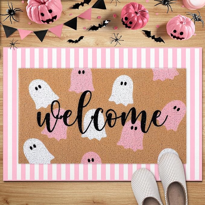 2 Pcs Halloween Door Mat Ghost Welcome Non Slip Coir Mats Pink White Stripe Floor Layering Doormats Seasonal for Front Porch Entryway Decor(Pink White Ghost)