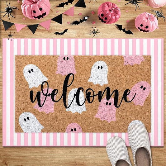 2 Pcs Halloween Door Mat Ghost Welcome Non Slip Coir Mats Pink White Stripe Floor Layering Doormats Seasonal for Front Porch Entryway Decor(Pink White Ghost)