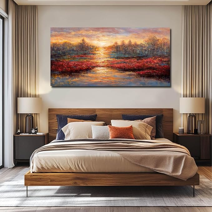 GAIDUOMAI Sunset Glow Pictures Gold and Red Canvas Painting Textured Wall Art for Office 24"x48" Nature Wall Prints for Hotel Master Bedroom Wall Decor