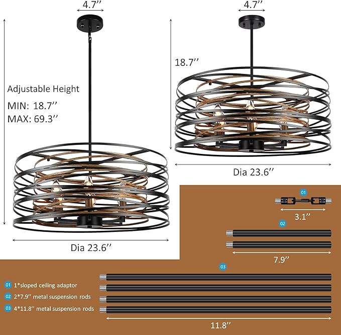 23.6'' Rustic Large Drum Chandeliers for Dining Room, 6-Light Modern Farmhouse Lighting for Kitchen Island, Retro Round Entryway Light Fixture, Black with Retro Wood Texture Interior