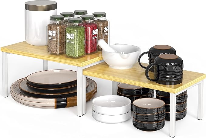 Simple Houseware Wooden Top Expandable Stackable Kitchen Cabinet and Counter Shelf Organizer, Oak