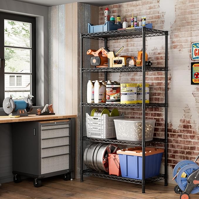 SINGAYE 5 Garage Heavy Duty Shelving Unit Kitchen Pantry Close Home Organizers and Storage Bathroom Shelf Laundry Room Organization Industrial Book Metal Wire Adjustable Shelves