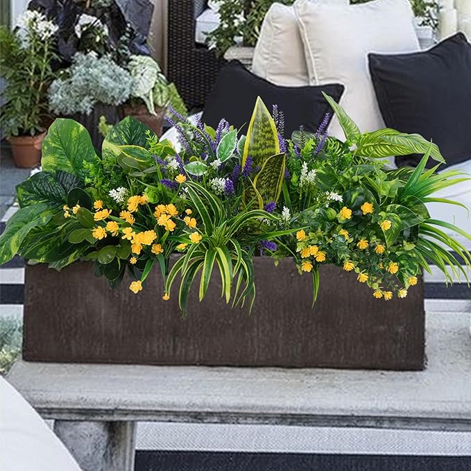 GTIDEA 19 Bundles Outdoor Faux Plants, Artificial Plants & Flowers UV Resistant Fake Plastic Leaves Greenery Stems for Outside Window Box Hanging Baskets Garden Patio Front Porch Decor