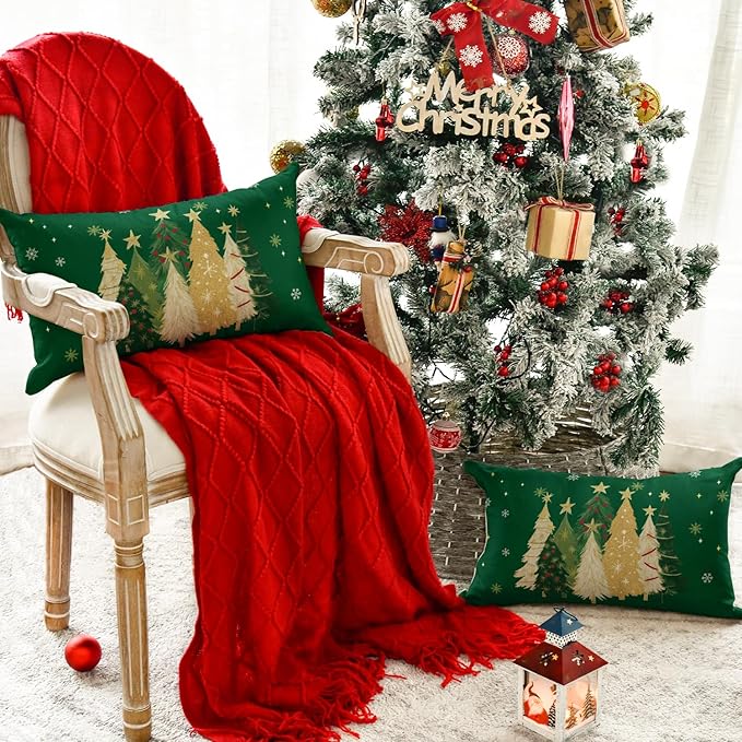 AVOIN colorlife Christmas Trees Star Green Throw Pillow Covers Set of 2, 12 x 20 Inch Snowflake Seasonal Winter Holiday Cushion Case Decoration for Sofa Couch