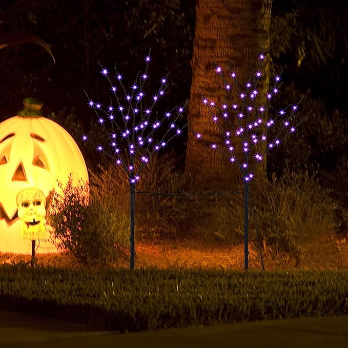 Lighted Halloween Tree Branches, 30IN 100LED Artificial Black Twig Branch with Purple Fairy Lights, Built-in Timer & Battery Operated, Waterproof for Indoor Outdoor Office Bedroom Party Decorations