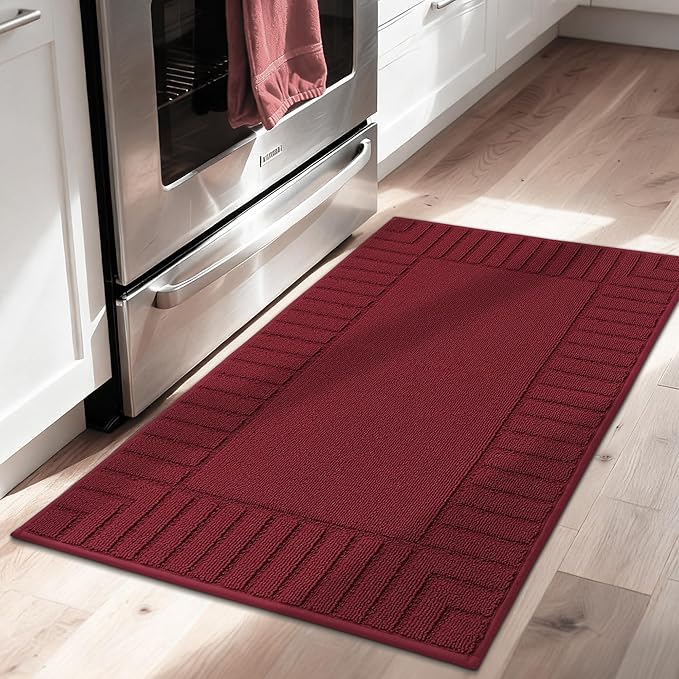 BEQHAUSE-Kitchen-Rugs-and-Mats Non Skid Washable Kitchen Mats for Floor Red Kitchen Rug Polypropylene Kitchen Mat with TPR Backing 24”x35”