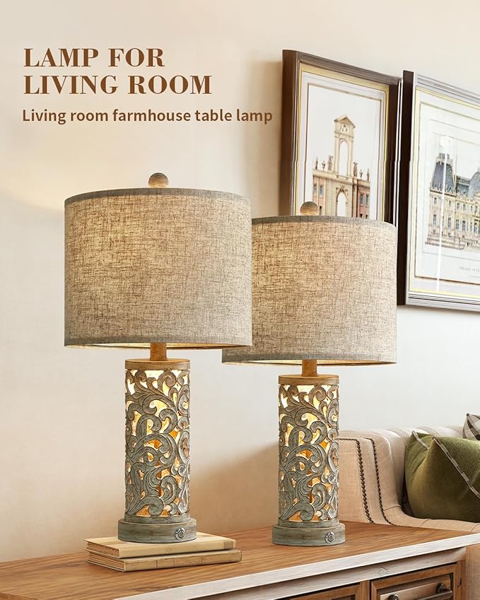 OYEARS 3-Way Dimmable 22'' USB A+C Touch Control Table Lamp Set of 2 with Nightlight for Living Room Bedroom Farmhouse Bedside Nightstand Lamps (Bulb Included)