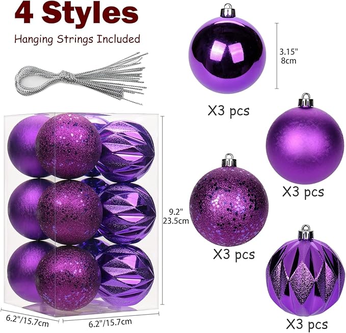 12PCS 3.15" Christmas Ball Ornaments Shatterproof Purple Christmas Tree Decorations Xmas Tree Balls Halloween Ornaments Décor
