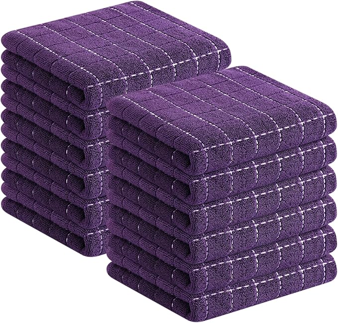 Homaxy 100% Cotton Terry Kitchen Towels(Purple, 13 x 28 inches), Checkered Designed, Soft and Super Absorbent Dish Towels, 12 Pack