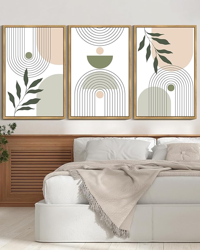 KUVIOKE Boho Green Sage Neutral Wall Art Framed Bohemain Botanical Geometric Modern Wall Prints Decor Ready to Hang 24x36in (Natural Framed)