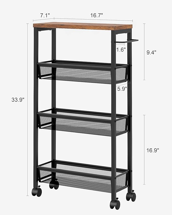 VECELO 4 Tier Slim Rolling Cart Organizer, Rolling Carts On Wheels with Storage, Sturdy Metal Frame Narrow Cart with Handle, Space Saving for Kitchen, Bathroom, Laundry, Rustic Brown