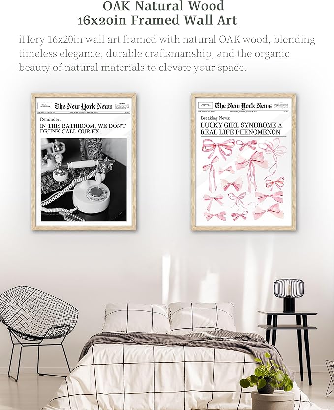 iHery Natural OAK Wood Trendy Retro Newspaper Framed Wall Art, Large 16x20 in Pink Bow Poster Vintage Canvas Wall Art, Beige Frame Lucky Girly Bedroom Bathroom Coquette Living Room Décor Set of 1