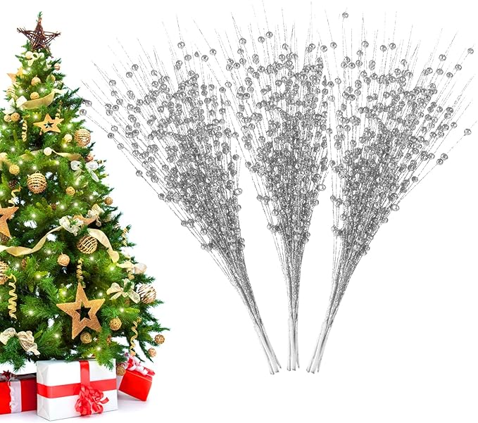 Christmas Artificial Glitter Berry Stem Decorations Decorative Bead Sticks Xmas Picks Glittery Twigs Branches for Christmas Tree Wreath Gift Vase Home Decor Party Ornaments Silver 24 PCS