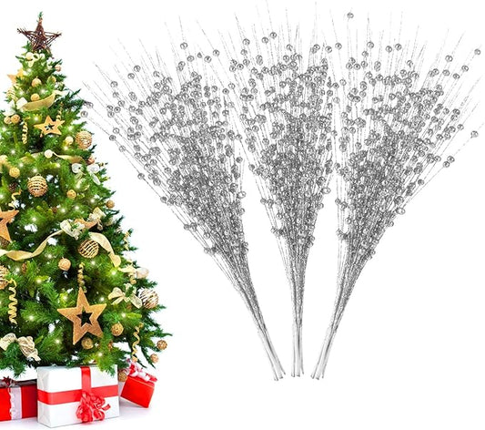 Christmas Artificial Glitter Berry Stem Decorations Decorative Bead Sticks Xmas Picks Glittery Twigs Branches for Christmas Tree Wreath Gift Vase Home Decor Party Ornaments Silver 24 PCS
