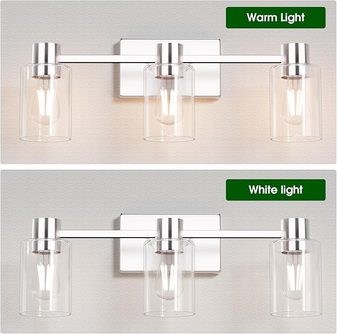 3-Light Brushed Nickel Wall Sconces for Bathroom, Modern Vanity Light Fixtures Over Mirror, Wall Lamp with Clear Glass Shade, E26 Wall Sconces Over Mirror for Bathroom, Living Room, Hallway
