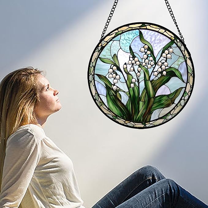 Stained Glass Window Hanging, White Green Lily of The Walley Flowers Sun Catcher for Door Home Decor Plants Suncatcher Christmas Mother's Day Birthday Gifts for Women Men Mom Nana 15 in