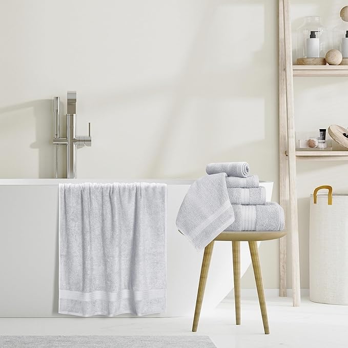 GLAMBURG Ultra Soft 8 Piece Towel Set - 100% Pure Ring Spun Cotton, Contains 2 Oversized Bath Towels 27x54, 2 Hand Towels 16x28, 4 Wash Cloths 13x13 - Ideal for Everyday use, Hotel & Spa - Light Grey