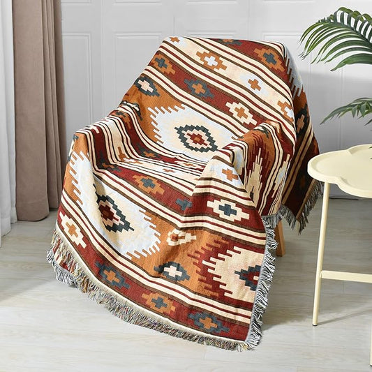 Boho Throw Blanket Reversible Cotton Bohemian Tapestry Hippie Room Decor Outdoor Blanket Double Sided (Boho Pattern, 50"x60")