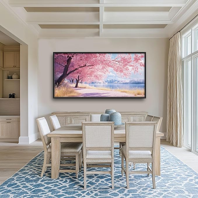 Cherry Blossoms Large Framed Wall Art Pink Tree of Life Pictures Oversized Natural Lake Landscape Wall Decor Spring Canvas Print Painting Modern Artwork for Living Room Bedroom Office Dining Room Home Decor 60L"x30W"