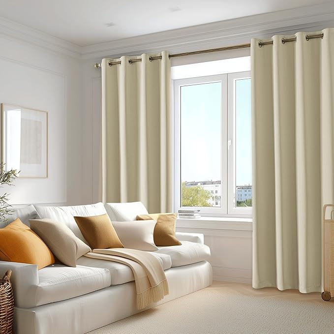 Beauoop 100% Blackout Curtains 54 Inch Long 2 Panels for Bedroom Living Room Beige Solid Room Darkening Thermal Insulated Soundproof Energy Saving Grommet Top Window Treatment Drapes,52x54, 2 Set