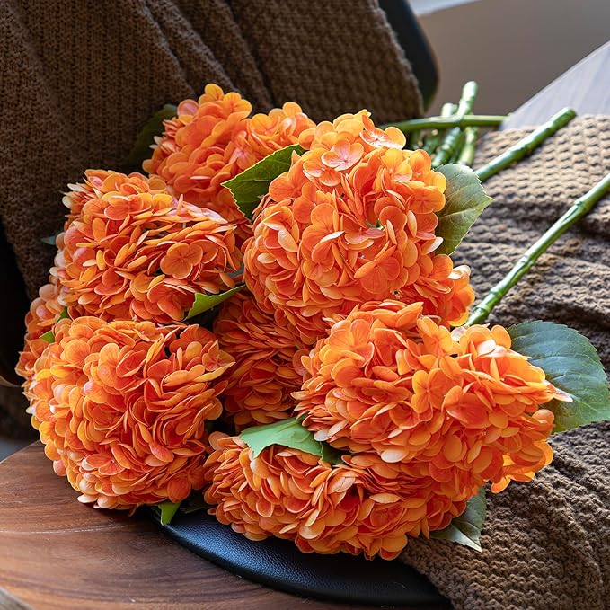 3PCS 22 inch Realistic Artificial Hydrangea Large Real Touch Flowers Artificial Flowers Dry Flowers Outdoor Wedding Christmas Office Family Party Living Room Table Decoration (Orange)