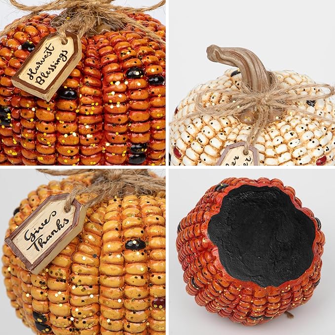 Briful Pumpkins Fall Decoration, 3PCS Decorative Corn Cob Pumpkins Resin Fake Pumpkins Autumn Home Rustic Decor for Thanksgiving Harvest Halloween Table Centerpieces Shelf Indoor Outdoor Porch
