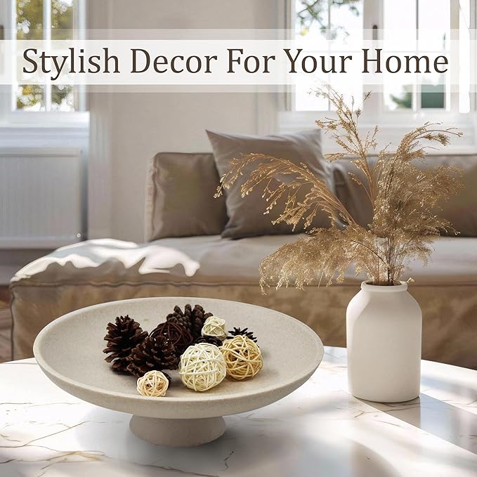 Large Decorative Bowl, Modern Resin Pedestal Bowl for Home Decor, Stylish Fruit Bowl for Kitchen Counter, Chic Key Holder for Entry Table, Beige