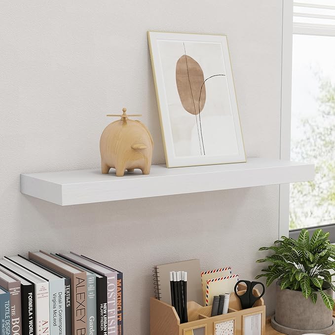 fuqing White Floating Shelves for Wall - 24 Inch Wide x 6.7 Inch Deep Solid Wood Shelves Set of 2 - White Wood Ledge Shelf for Bedroom Bathroom Living Room Kitchen