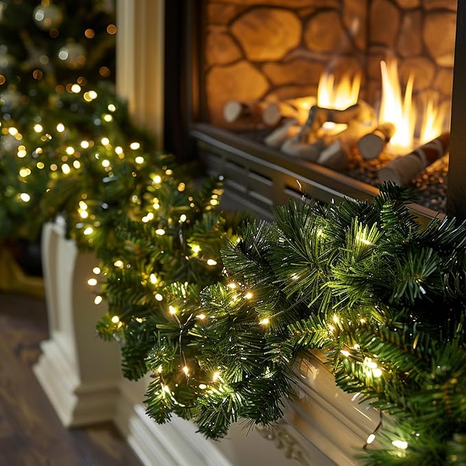 TW SHINE 30 FT Pre-Lit Christmas Garland Decorations, 100 LED Lighted Artificial Pine Garlands with 8 Modes, Green Garland for Indoor Outdoor Door Home Stairs Holiday Decor, Warm White