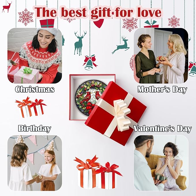 Stained Glass Window Hanging - Cardinals Green Wreath Suncatcher for Doors Home Christmas Decoration Red Bird Sun Catcher Thanksgiving New Year Birthday Gift for Women Men Mom Nana 9.8 in