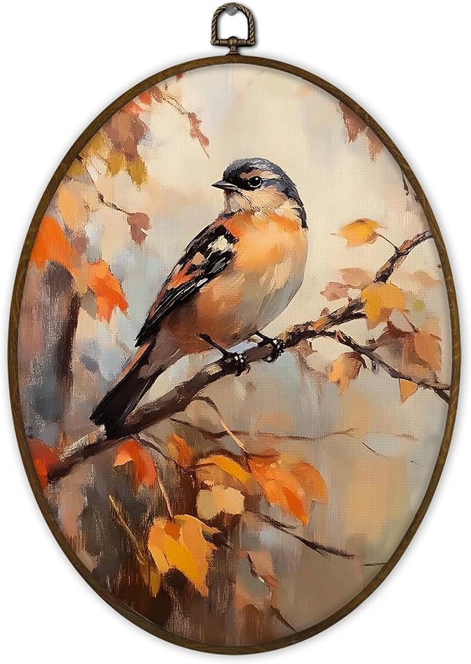 Gnmduw Vintage Fall Bird Oval Wall Art Framed, Rustic Fall Bird Canvas Prints Hanging Decor, Retro Farmhouse Country Sparrow Maple Leaf Wall Decor for Living Room Bedroom Bathroom, 8.7x11.3 In