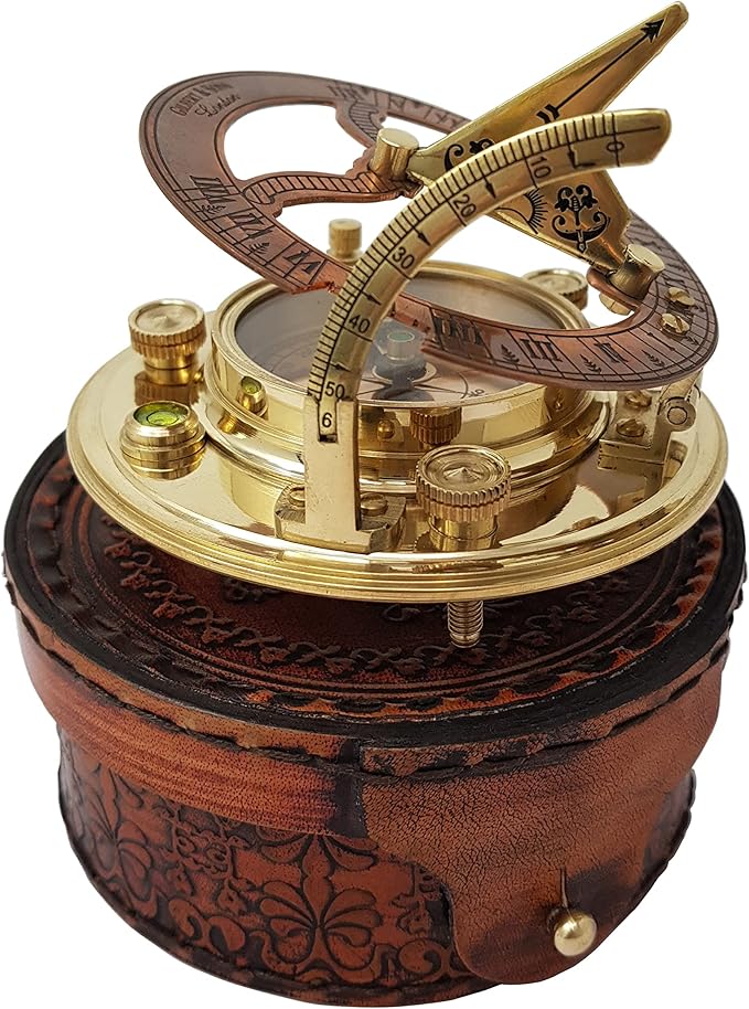 Brass Nautical - Antique Brass & Copper Sundial Compass, Sundial Clock in Box Gift Sun Clock Ship Replica Watch