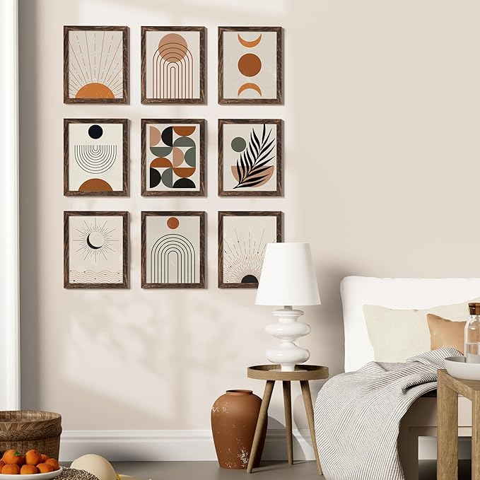 Vittanly 8x10 Picture Frames Set of 9, Shatter Resistant Plexiglass, Display 5x7 Pictures with Mat or 8x10 without Mat, Photo Frames for Wall or Tabletop, Engineered Wood, Brown