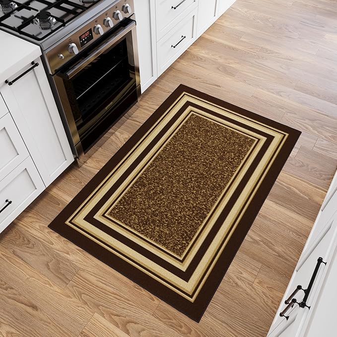 Ottomanson 3'3" x 5' Rugs for Living Room Border Area Rug for Bedroom - Non Slip Durable Large Floor Carpet for High Traffic Areas - Indoor Rug for Dining Room Kitchen Kids Playroom, Brown