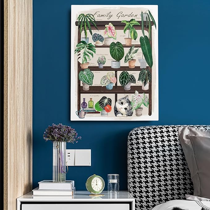 TimAsh Framed Funny Cat Botanical Wall Art Family Garden Modern Green Plant Decor Tropical Boho Style Cute Kitten Canvas Prints for Bedroom Bathroom Living Room 16'' x 12''